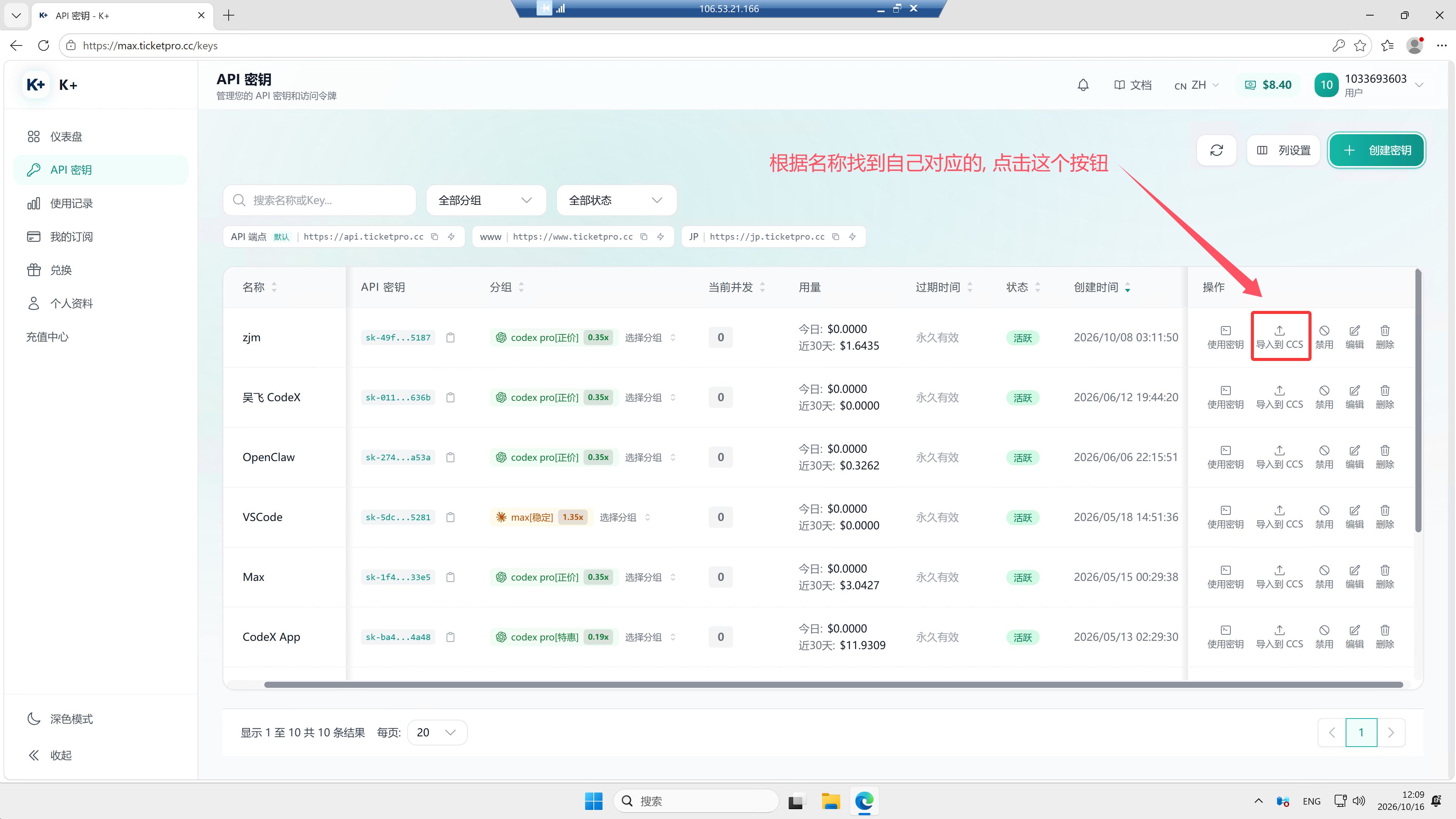 API 密钥列表中标注了导入到 CCS 按钮